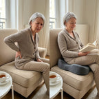 Avant et après : femme de 65 ans dans son fauteuil, d'abord mal installée, puis détendue sur le coussin d'assise coccyx gris