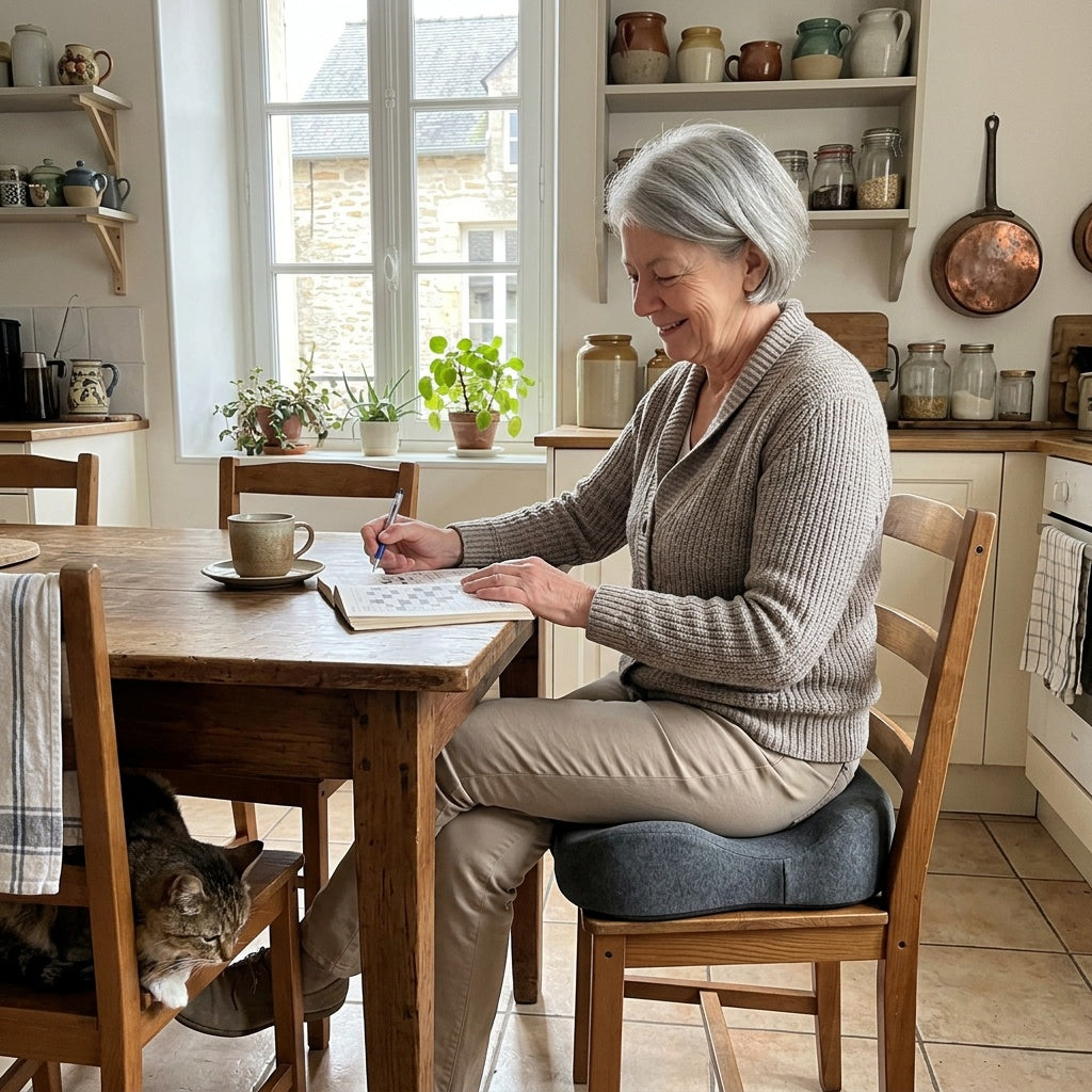 Femme de 65 ans assise à la table de la cuisine sur le coussin d'assise coccyx gris posé sur une chaise en bois, faisant des mots croisés