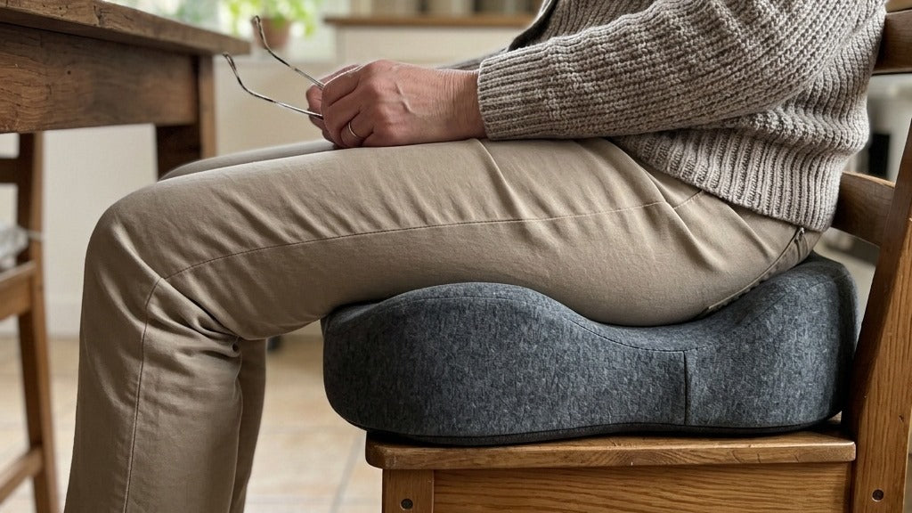 Femme assise sur le coussin d'assise coccyx gris posé sur une chaise en bois, vue de côté