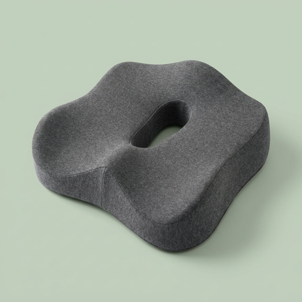 Coussin d'assise coccyx gris en mousse à mémoire de forme, vu de trois-quarts, avec son ouverture centrale