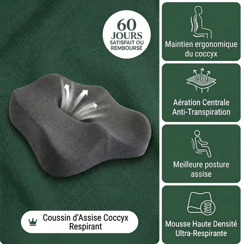 Coussin d'Assise Coccyx Respirant gris en mousse à mémoire de forme, avec ouverture centrale