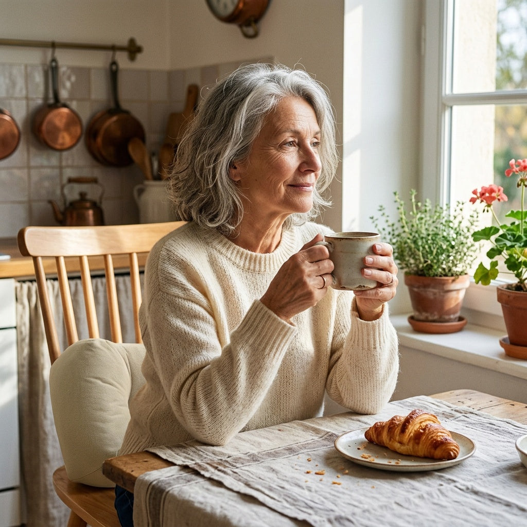 Femme senior détendue en cuisine avec le coussin de chaise épais