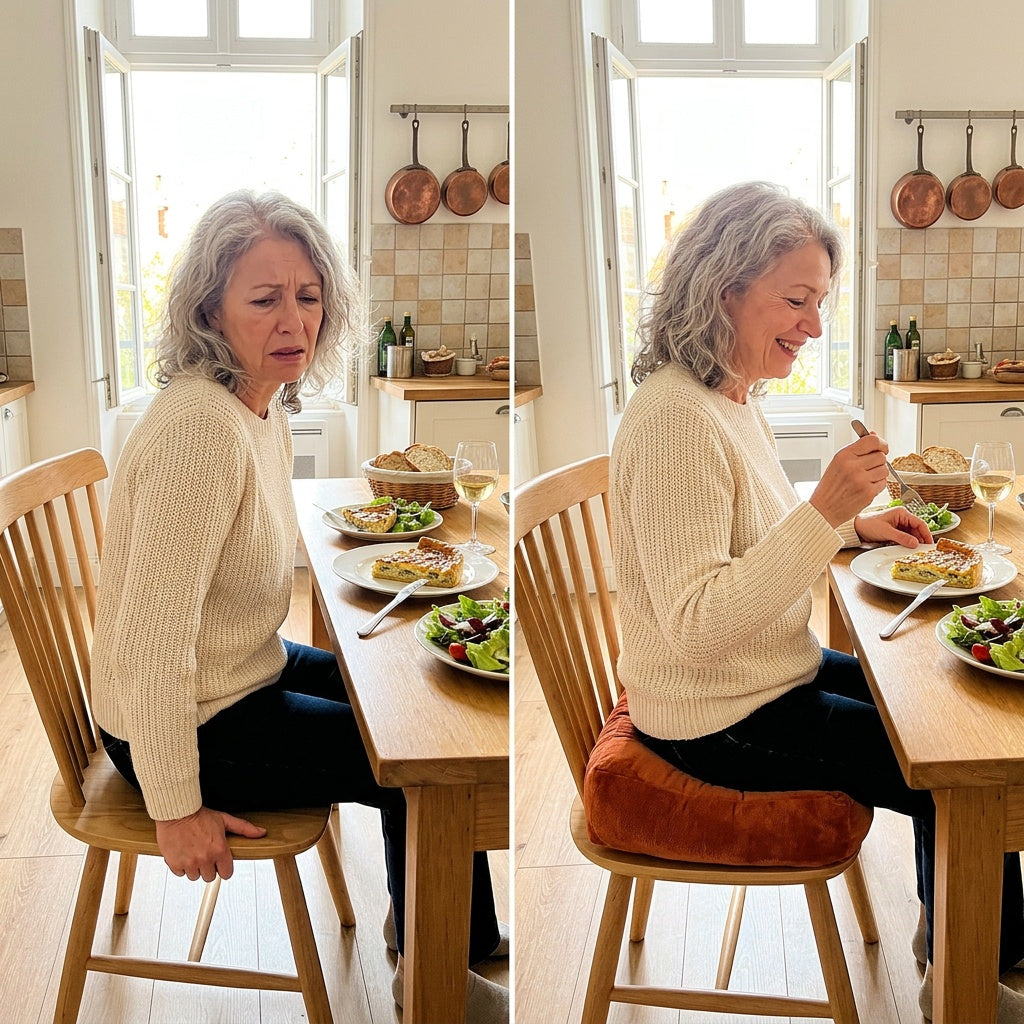 Avant et après : femme de 65 ans à table, d'abord mal assise sur une chaise en bois, puis détendue sur le coussin de chaise épais orange