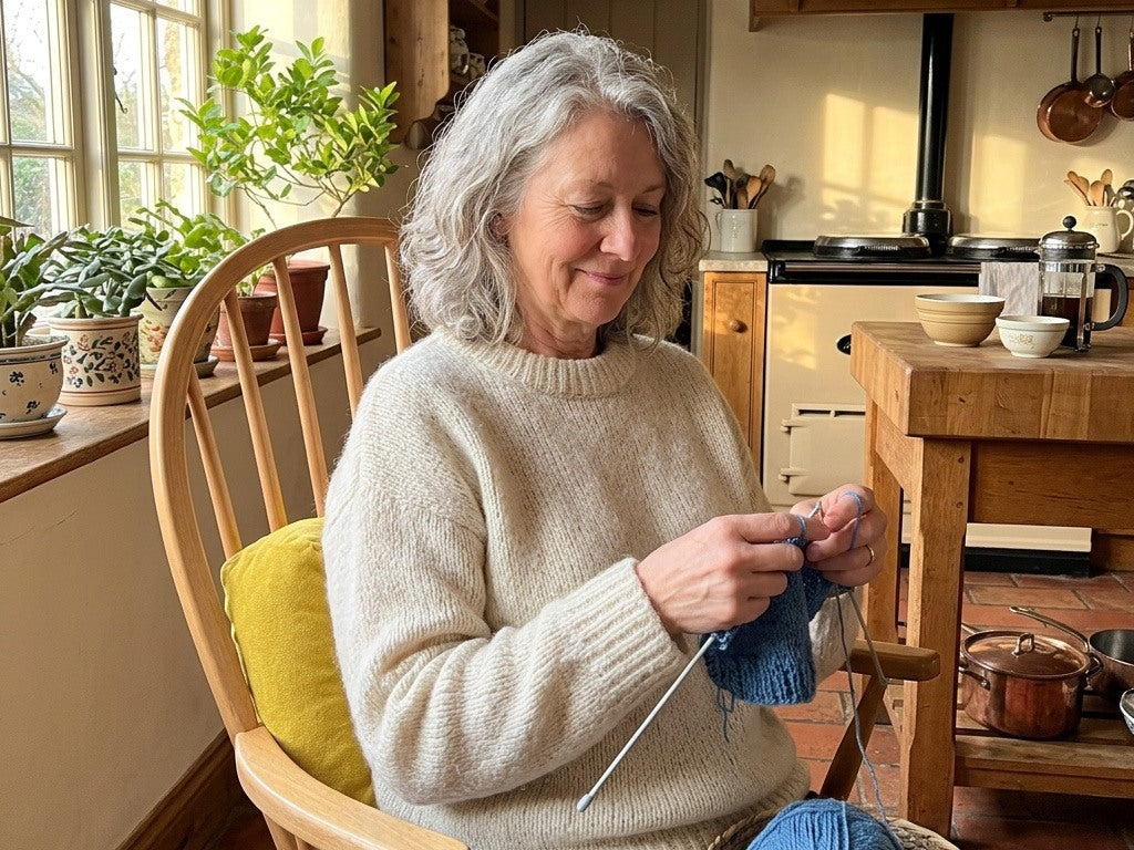 Femme qui tricote dans sa cuisine, calée contre le coussin de chaise épais jaune