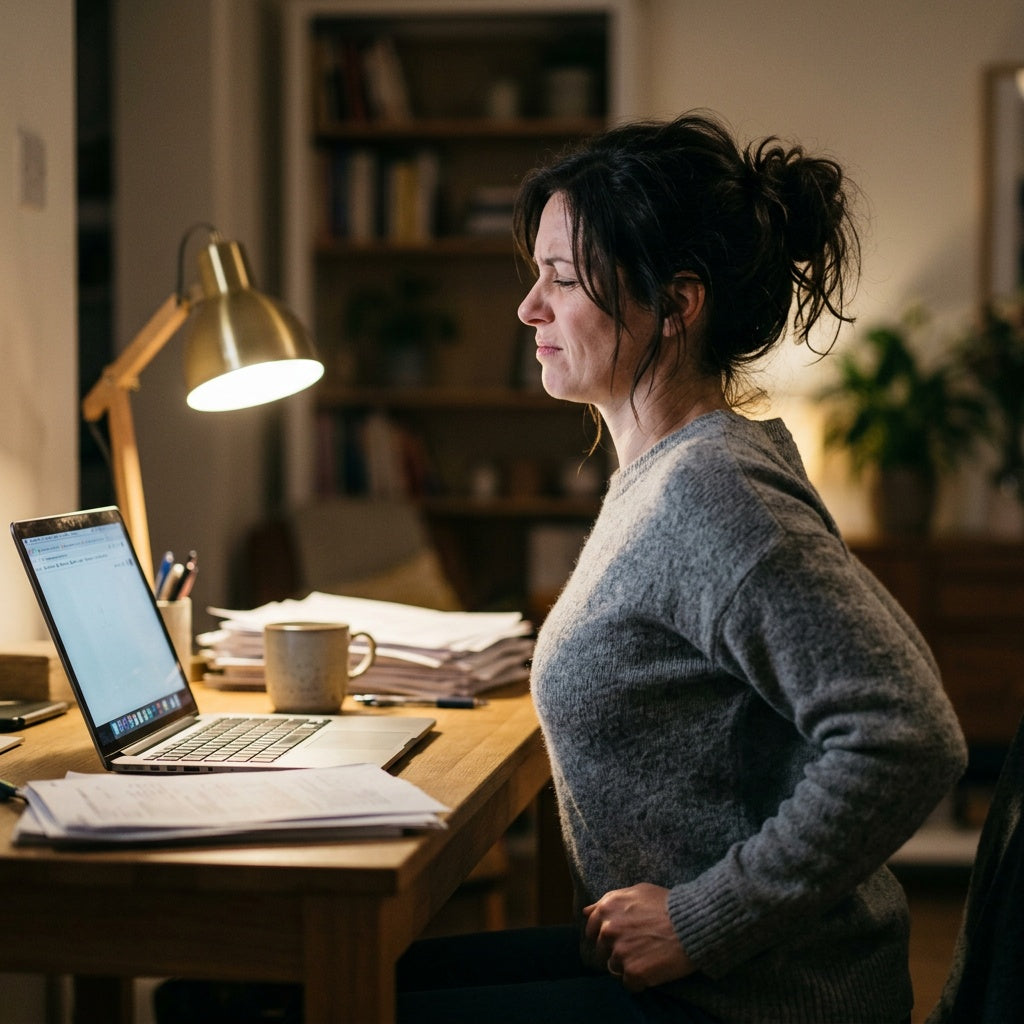 Femme fatiguée en fin de journée de télétravail, dos voûté
