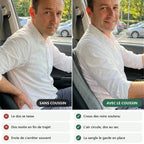 Avant et après en voiture : sans coussin le dos se tasse, avec le coussin lombaire aéré le creux des reins est soutenu