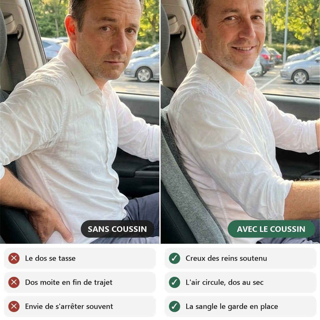 Avant et après en voiture : sans coussin le dos se tasse, avec le coussin lombaire aéré le creux des reins est soutenu