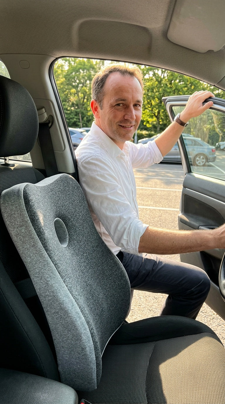 Homme montant dans sa voiture en été, coussin lombaire aéré gris fixé au siège conducteur