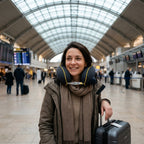 Voyageuse souriante avec le tour de cou mémoire de forme à l'aéroport